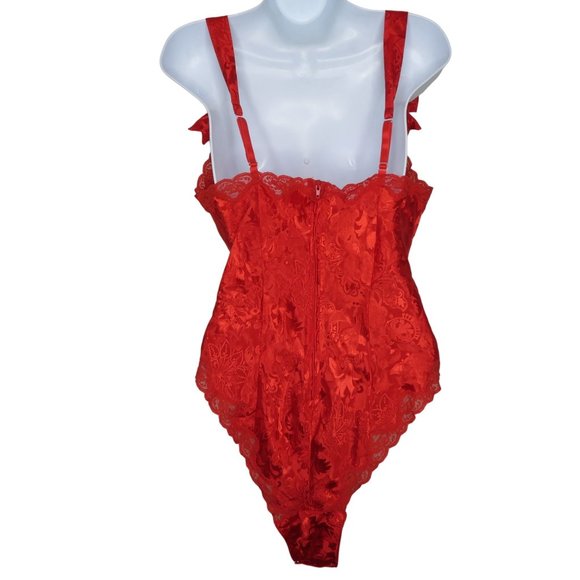 Victorias Secret Gold Label Red Satin Brocade Teddy One Piece M Valentines Bows - Picture 9 of 13